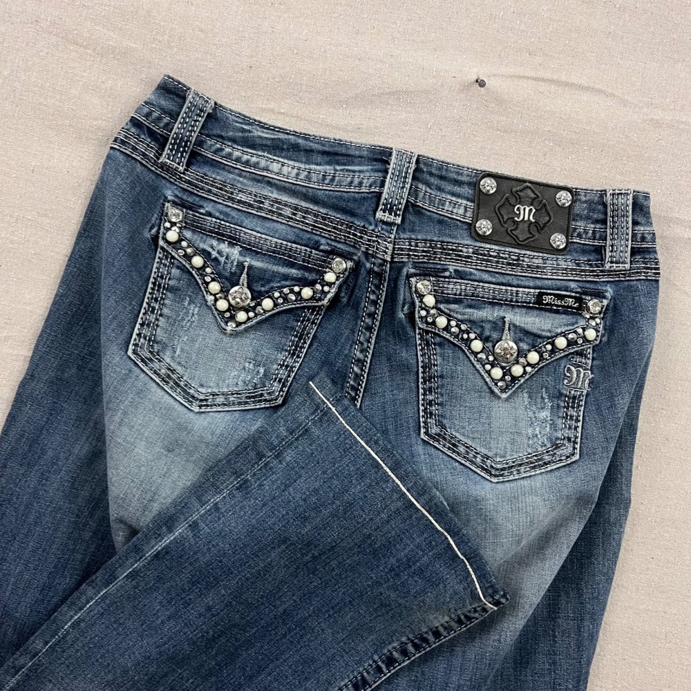 Miss Me Signature Bootcut Jeans Womens 30 Blue Pearl‎ Rhinestone Embellished Y2K
